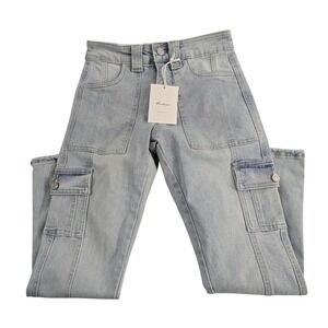 NWT Kancan Women's Light Wash Denim High Rise Cargo‎ Jeans Straight Leg